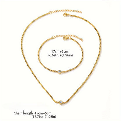 2pcs Stainless Steel Bohemian Style Necklace and Bracelet Set with Synthetic Diamonds, Perfect for Parties, Banquets, Valentine'S Day Gifts, Daily Wear