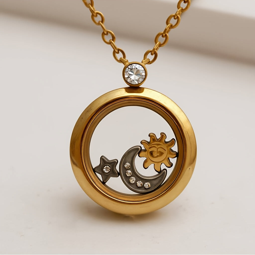 1pc Stainless Steel Vacuum Plated Necklace with Transparent Mirror Double-Layer Rotating Star Moon Sun Design - Vintage Luxury Women'S Pendant for Proposal, Birthday Gift, Anniversary, Valentine'S Day