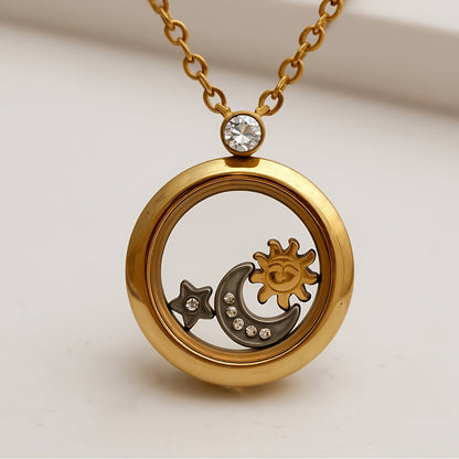 1pc Stainless Steel Vacuum Plated Necklace with Transparent Mirror Double-Layer Rotating Star Moon Sun Design - Vintage Luxury Women'S Pendant for Proposal, Birthday Gift, Anniversary, Valentine'S Day