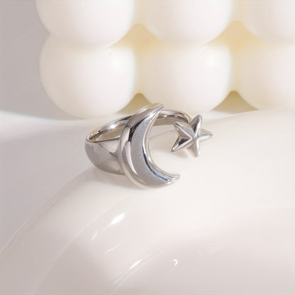 Minimalist Fashion Stainless Steel Geometric Moon and Star Open Ring, Women'S Waterproof Jewelry Gift
