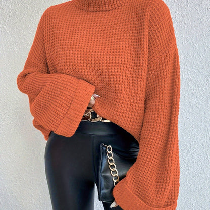 Casual High-Neck Drop Shoulder Waffle Sweater