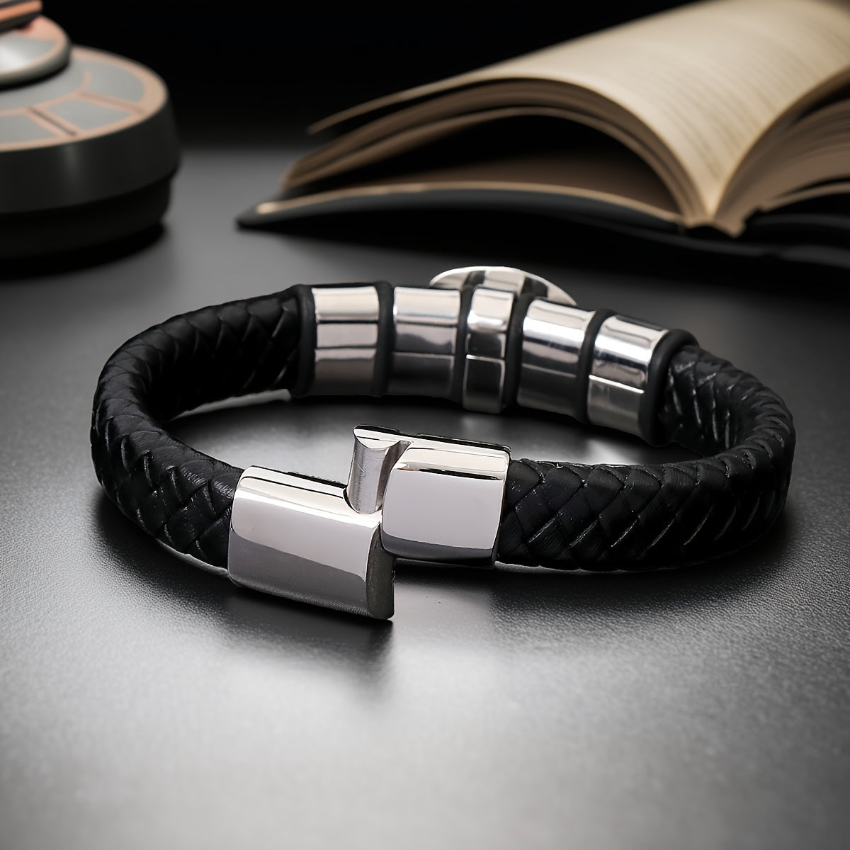 Men's Trendy Bracelet - Black Braided Wristband with Tigereye Stone and Stainless Steel Accessories, Perfect for Daily Wear or Party & Travel Decor