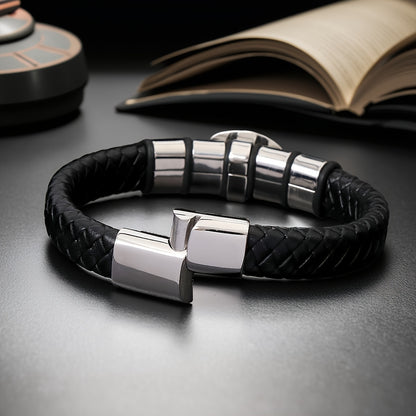 Men's Trendy Bracelet - Black Braided Wristband with Tigereye Stone and Stainless Steel Accessories, Perfect for Daily Wear or Party & Travel Decor