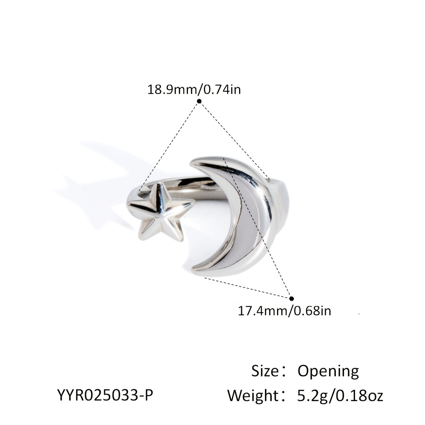 Minimalist Fashion Stainless Steel Geometric Moon and Star Open Ring, Women'S Waterproof Jewelry Gift