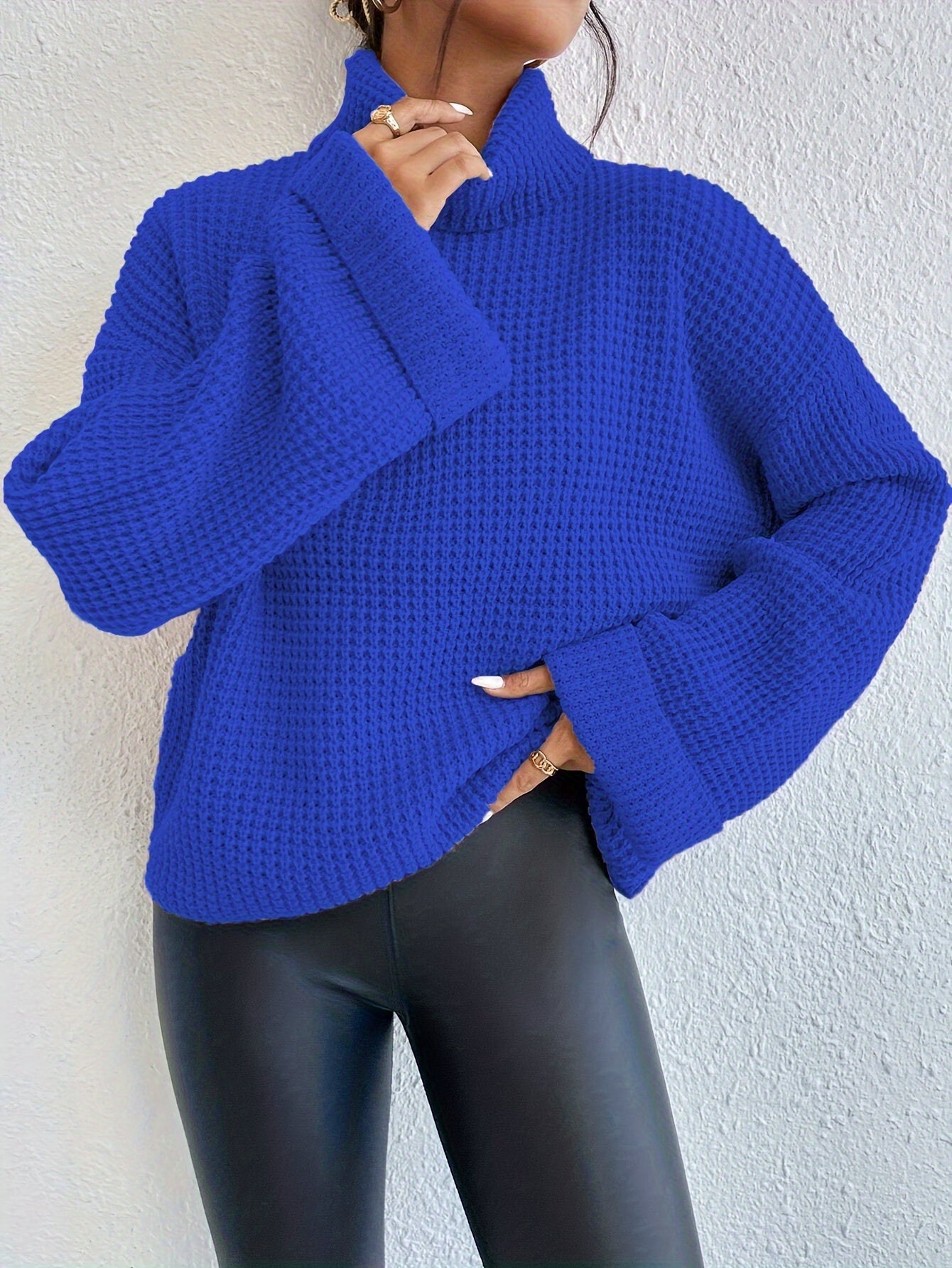 Casual High-Neck Drop Shoulder Waffle Sweater