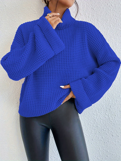 Casual High-Neck Drop Shoulder Waffle Sweater
