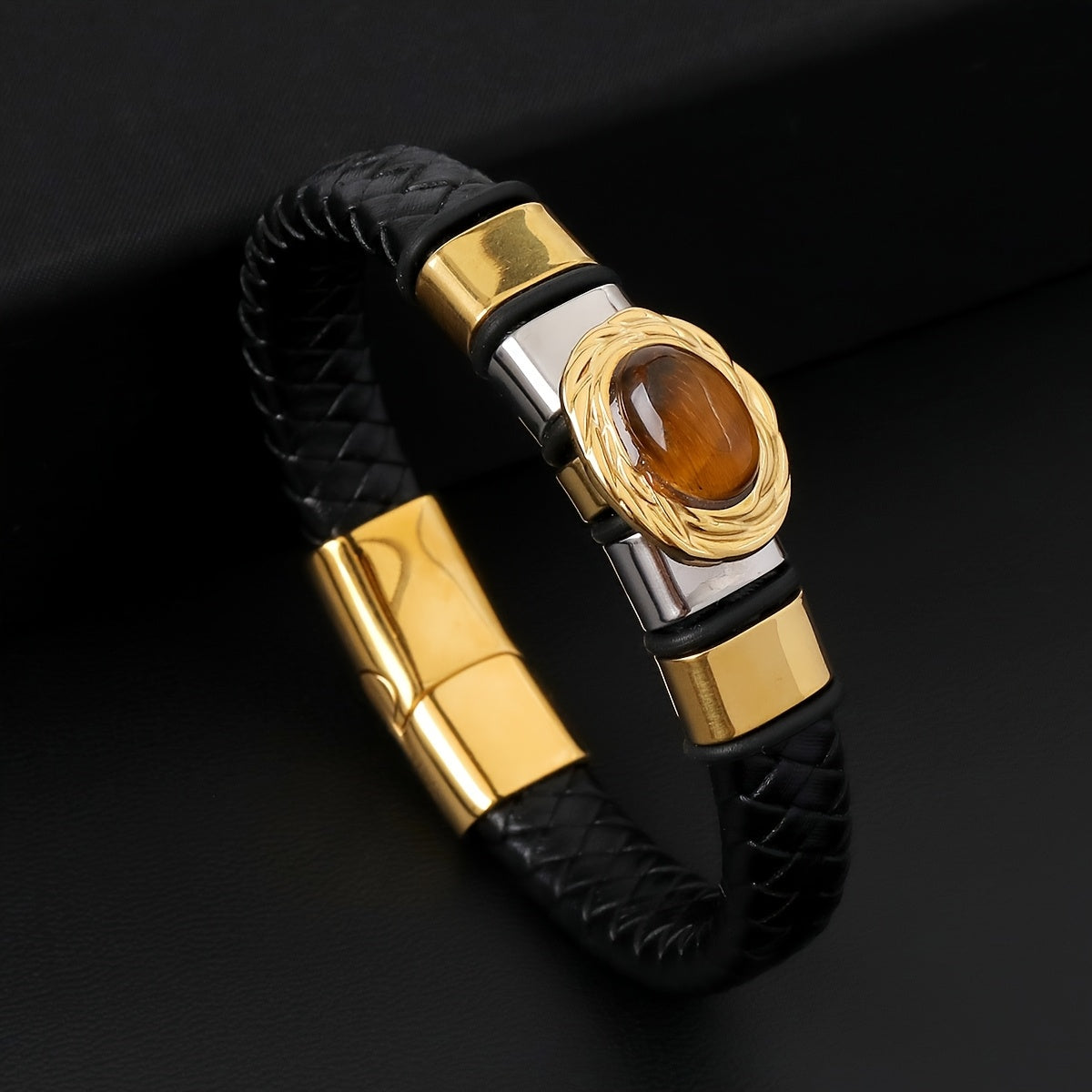 Men's Trendy Bracelet - Black Braided Wristband with Tigereye Stone and Stainless Steel Accessories, Perfect for Daily Wear or Party & Travel Decor