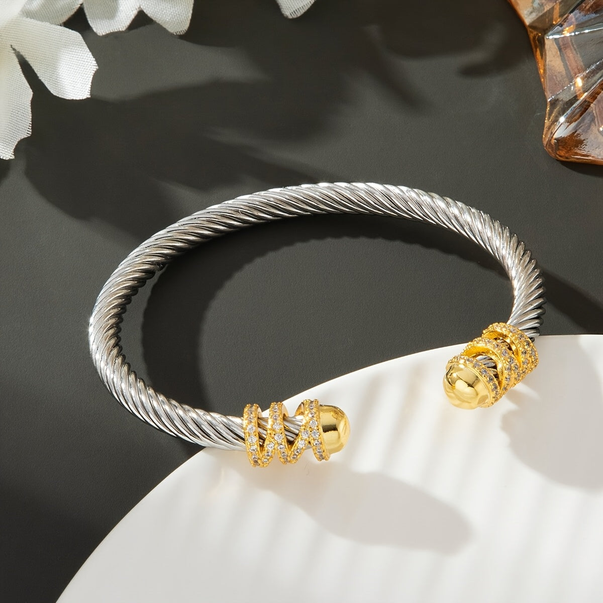 Vintage Stainless Steel Women's Bracelet with Golden Accents and Gemstone Detailing - Retro Twist Open Design for Valentine's Day, Anniversaries, Daily Wear, and Party Gifts, Bracelets for Couples