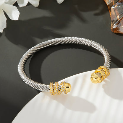 Vintage Stainless Steel Women's Bracelet with Golden Accents and Gemstone Detailing - Retro Twist Open Design for Valentine's Day, Anniversaries, Daily Wear, and Party Gifts, Bracelets for Couples