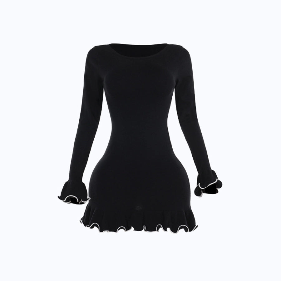 Women's Black Dress Elegant Round Neck Lettuce Trim Long Sleeve Color Block Solid Color Short Mini Dress Holiday