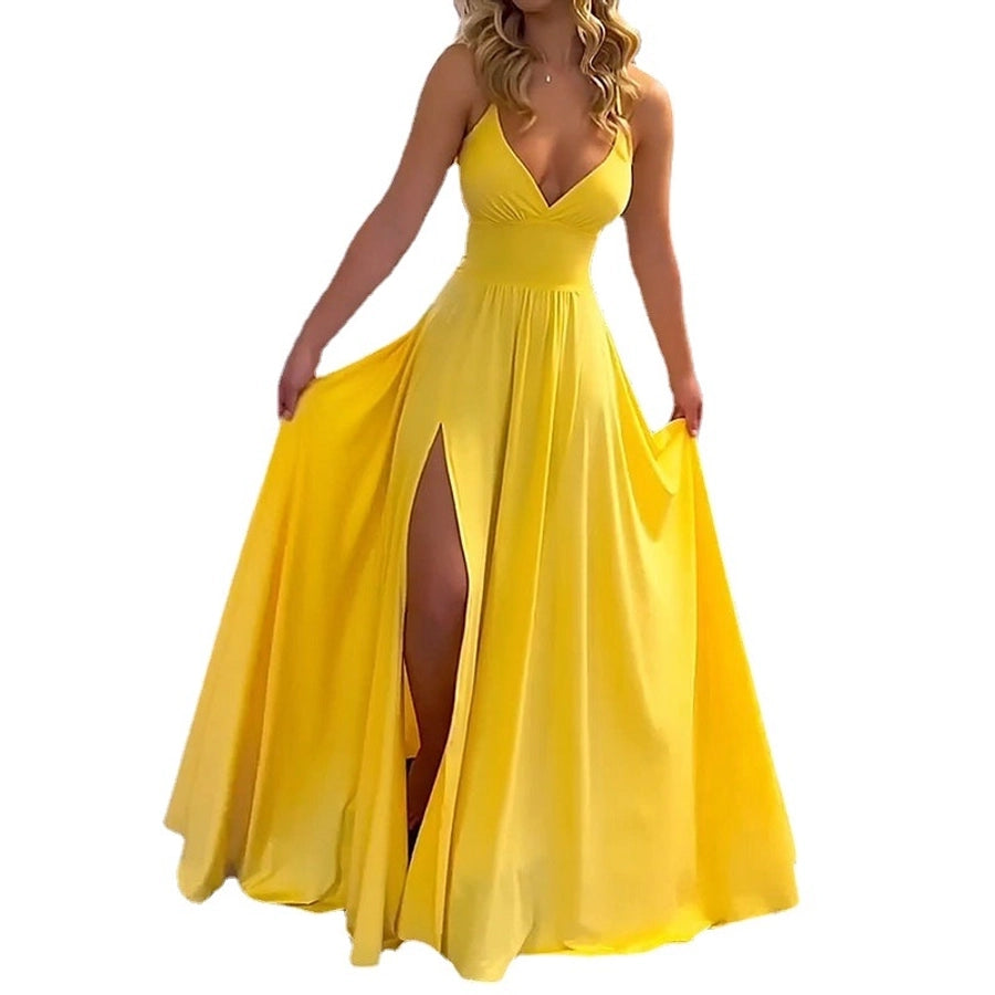 women's strap dress simple style v neck slit backless sleeveless solid color maxi long dress daily