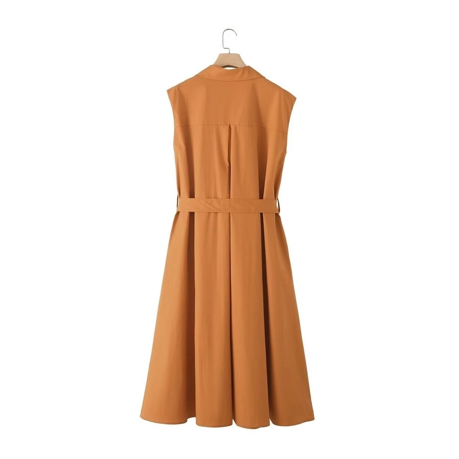 Shirt Dress Elegant Streetwear Turndown Pleated Sleeveless Solid Color Maxi Long Dress