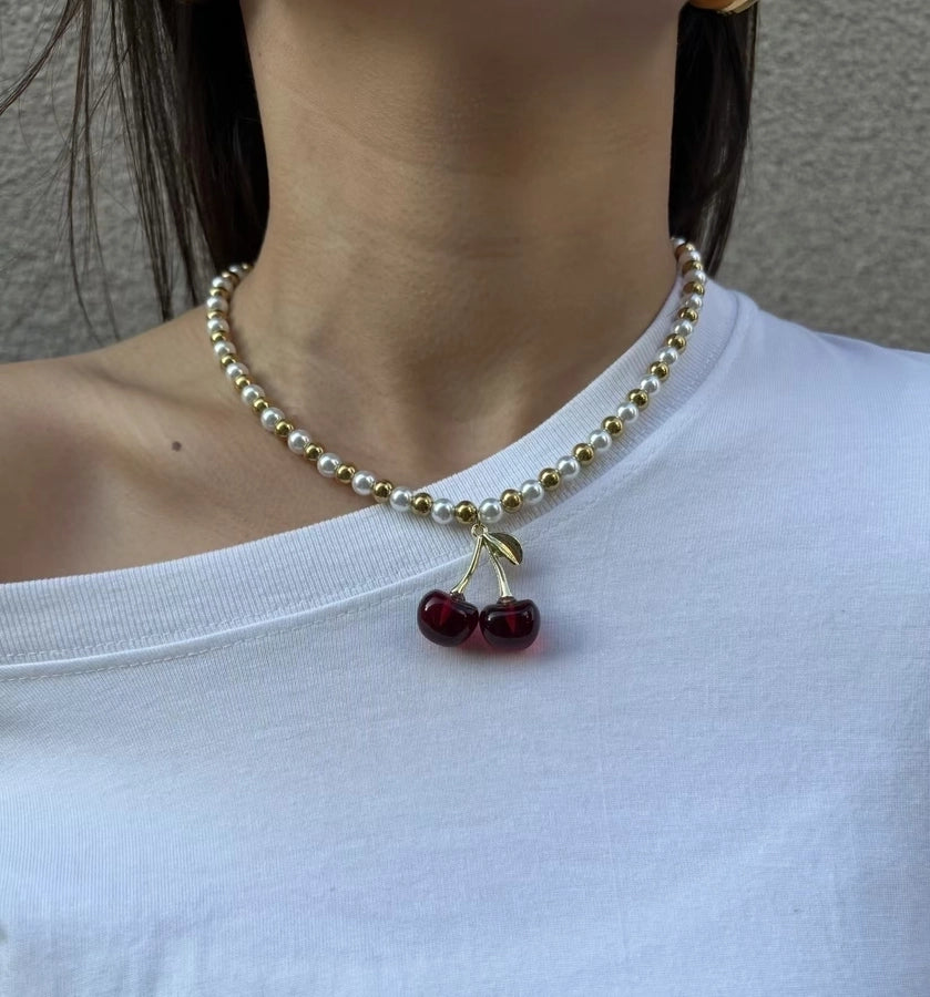 Cherry Solid Color 18K Gold Plated Imitation Pearl Beaded Necklaces