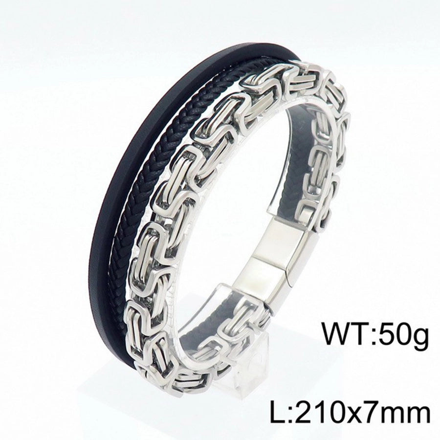 Retro punk geometric pu leather titanium steel braid chain men's bangle