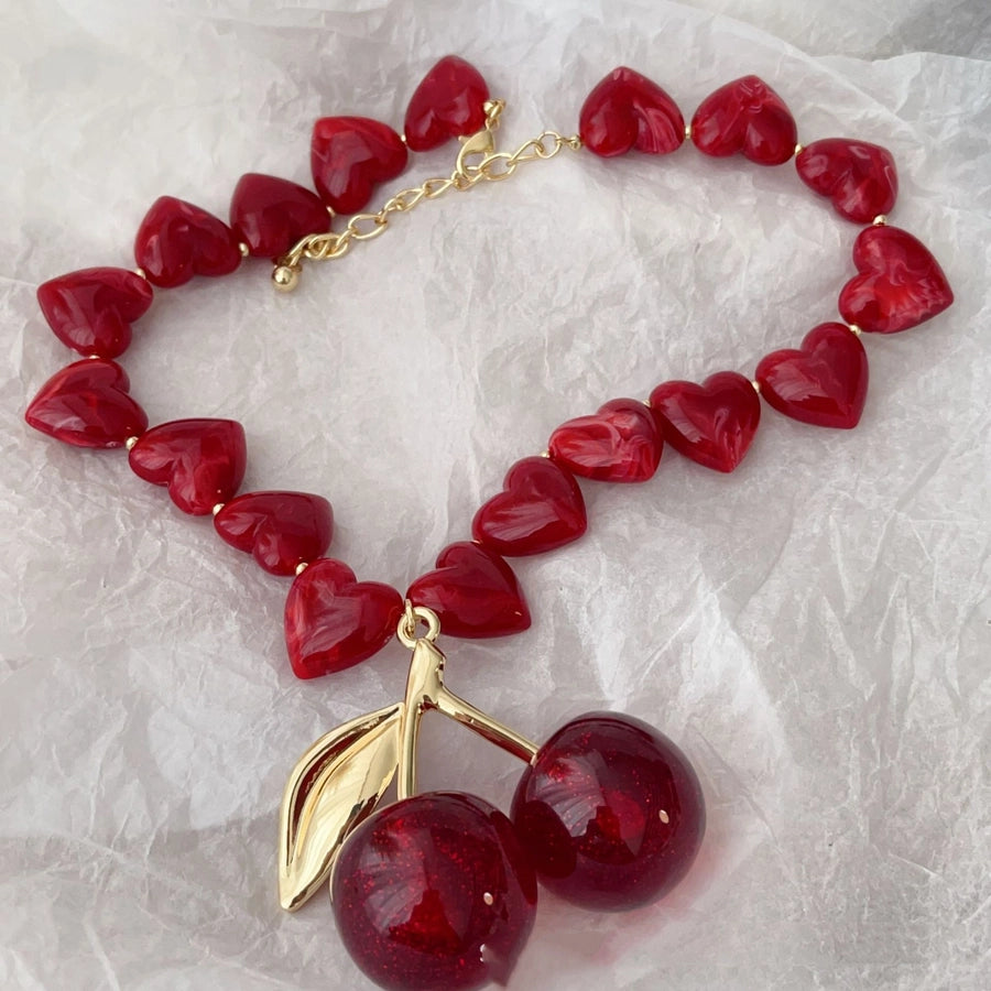 Sweet Cherry Heart Shape Arylic Alloy glass  Pendant Necklaces