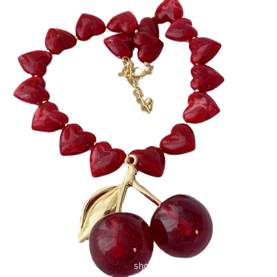 Sweet Cherry Heart Shape Arylic Alloy glass  Pendant Necklaces