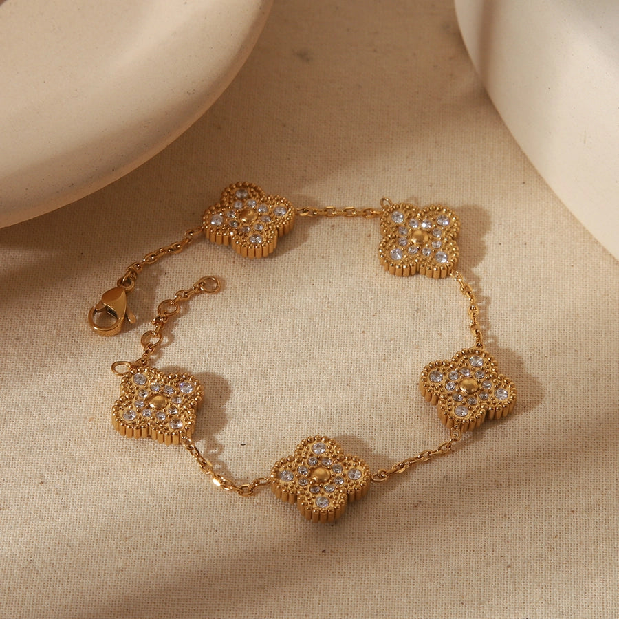 Vintage Style Four Leaf Clover Flower Stainless Steel 18K Gold Plated Zircon Bracelets In Bulk