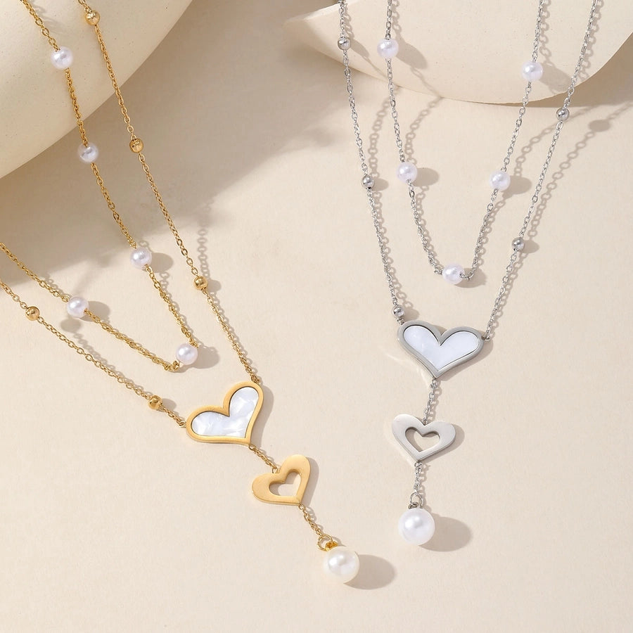 Cute Romantic Sweet Double Heart  Imitation Pearl Double Layer Necklaces Pendant Necklace