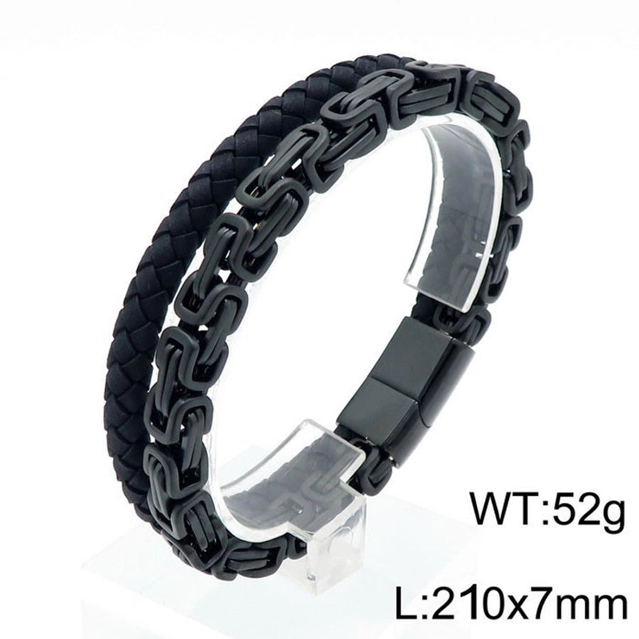 Retro punk geometric pu leather titanium steel braid chain men's bangle