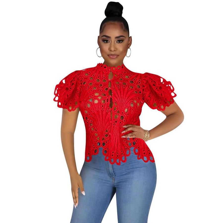 blouse short sleeve blouses hollow out elegant classic style solid color