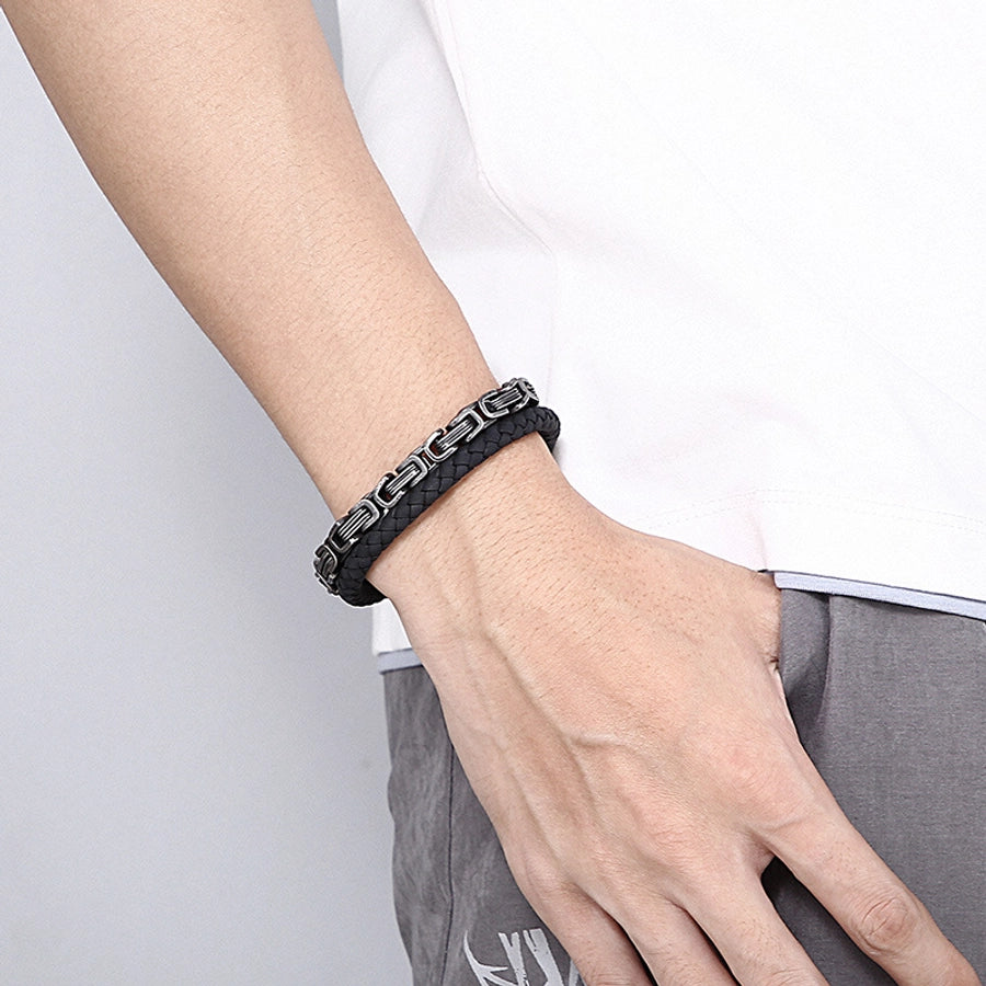 Retro punk geometric pu leather titanium steel braid chain men's bangle