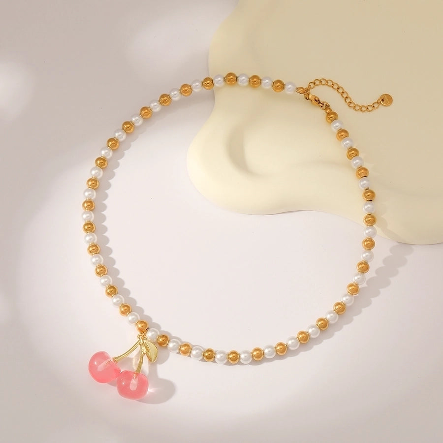 Cherry Solid Color 18K Gold Plated Imitation Pearl Beaded Necklaces