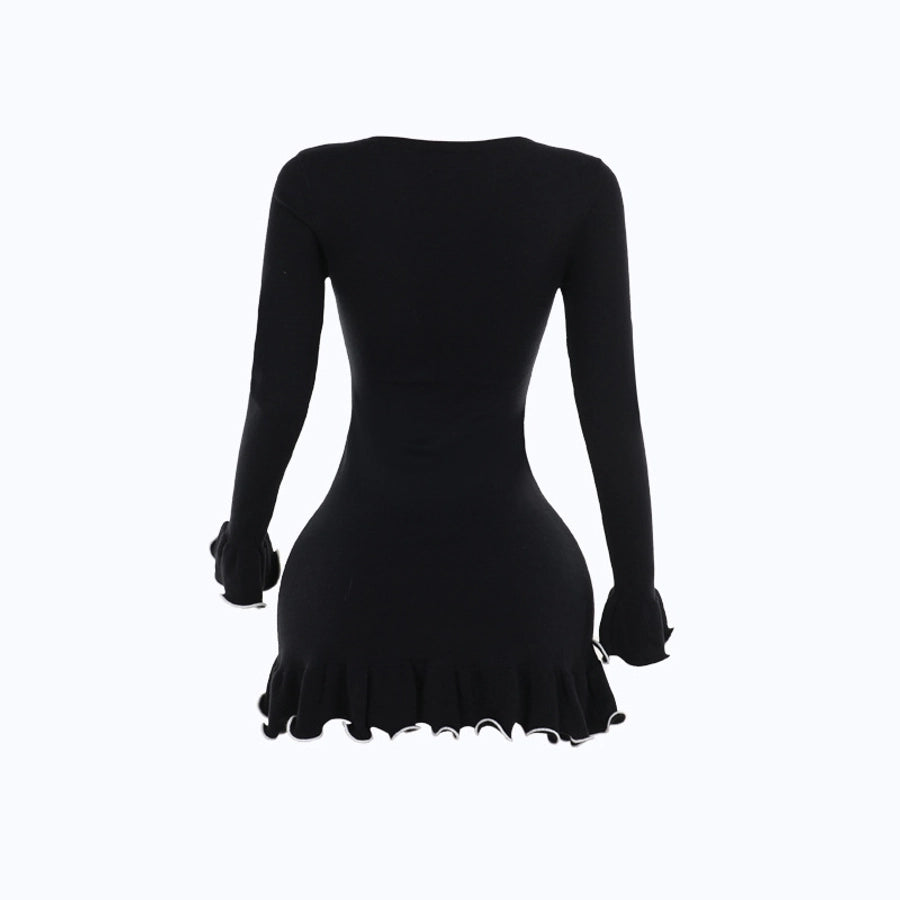 Women's Black Dress Elegant Round Neck Lettuce Trim Long Sleeve Color Block Solid Color Short Mini Dress Holiday