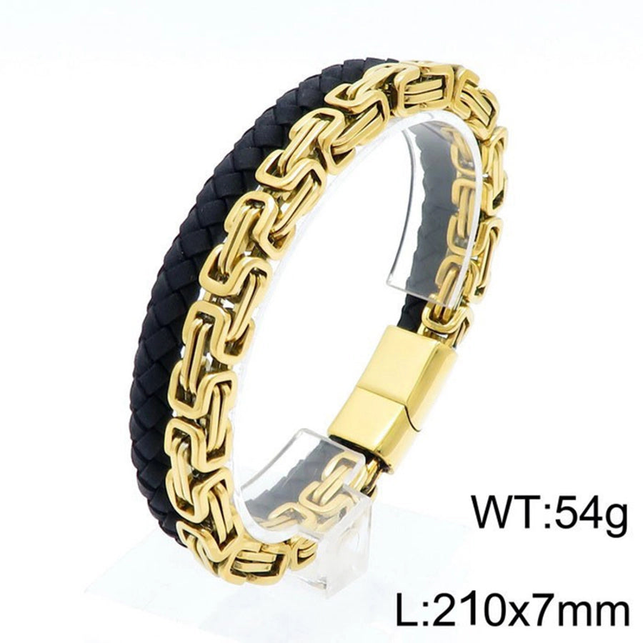 Retro punk geometric pu leather titanium steel braid chain men's bangle