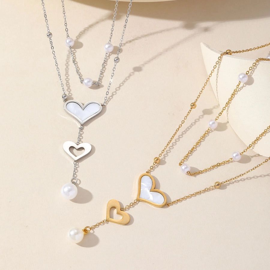 Cute Romantic Sweet Double Heart  Imitation Pearl Double Layer Necklaces Pendant Necklace