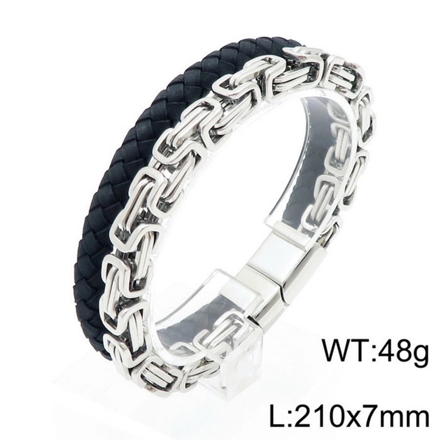 Retro punk geometric pu leather titanium steel braid chain men's bangle