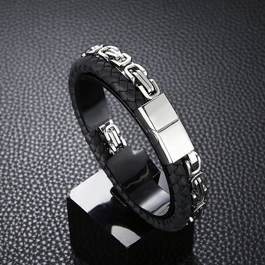 Retro punk geometric pu leather titanium steel braid chain men's bangle