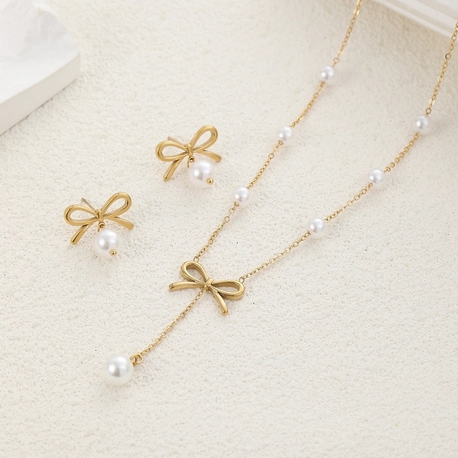 Classic Style Bow Knot Stainless Steel Pearls 18K Gold Plated Jewelry Set