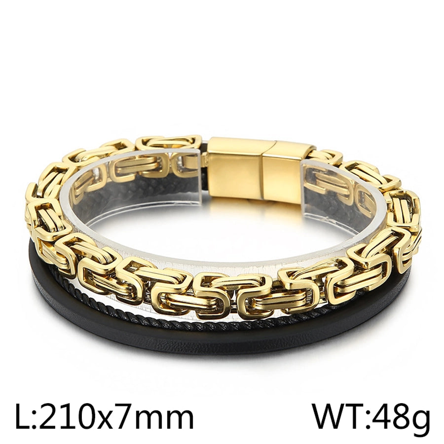 Retro punk geometric pu leather titanium steel braid chain men's bangle