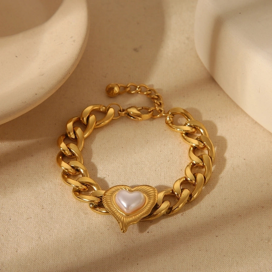 Romantic Simple Style Red Heart Solid Color  Stainless Steel 18K Gold Plated Bracelets Jewelry Set