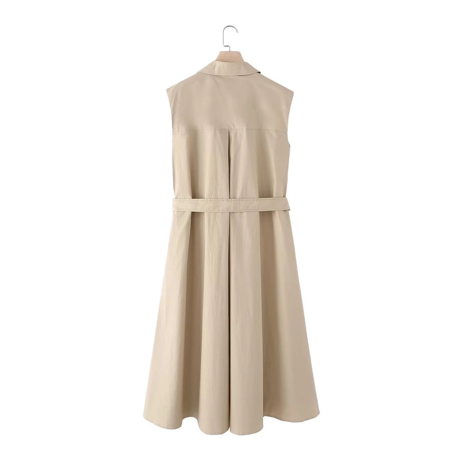 Shirt Dress Elegant Streetwear Turndown Pleated Sleeveless Solid Color Maxi Long Dress