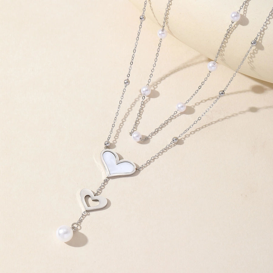 Cute Romantic Sweet Double Heart  Imitation Pearl Double Layer Necklaces Pendant Necklace