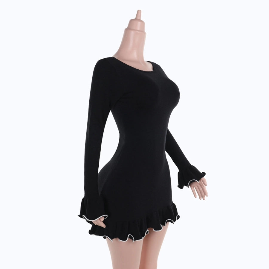 Women's Black Dress Elegant Round Neck Lettuce Trim Long Sleeve Color Block Solid Color Short Mini Dress Holiday