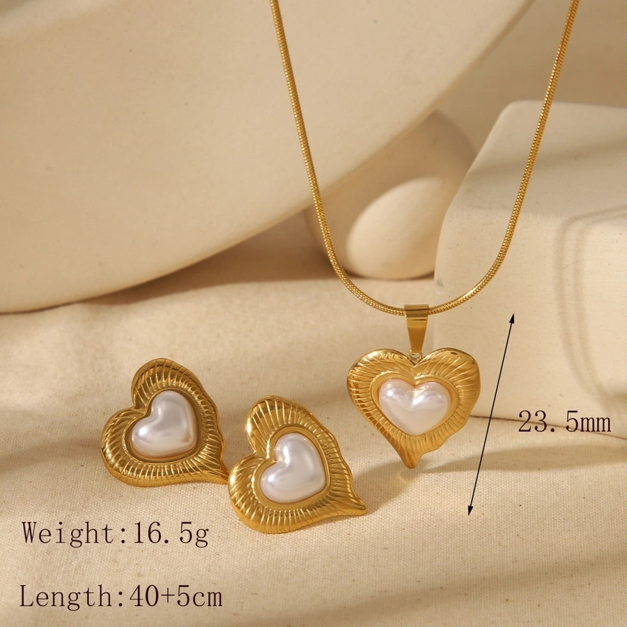 Romantic Simple Style Red Heart Solid Color  Stainless Steel 18K Gold Plated Bracelets Jewelry Set