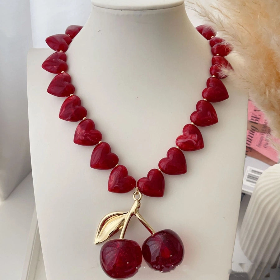 Sweet Cherry Heart Shape Arylic Alloy glass  Pendant Necklaces