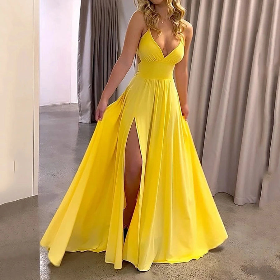 women's strap dress simple style v neck slit backless sleeveless solid color maxi long dress daily