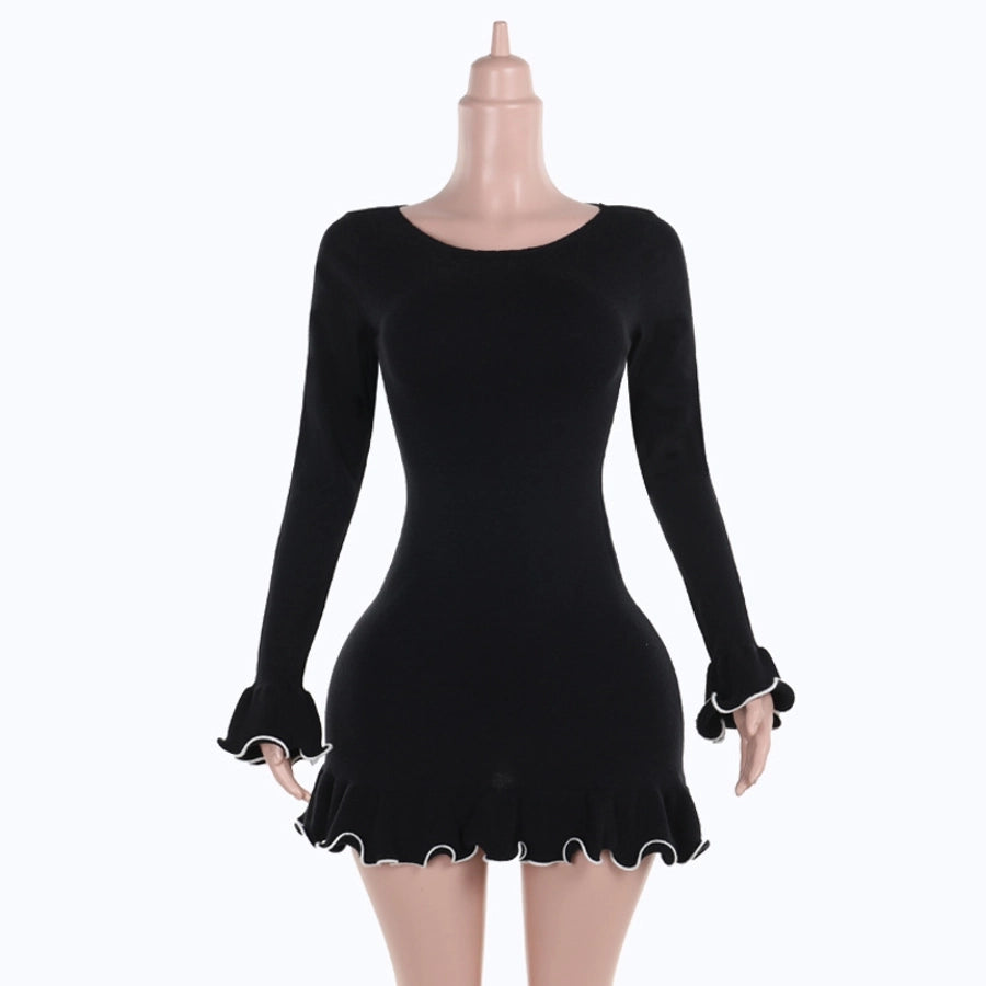 Women's Black Dress Elegant Round Neck Lettuce Trim Long Sleeve Color Block Solid Color Short Mini Dress Holiday