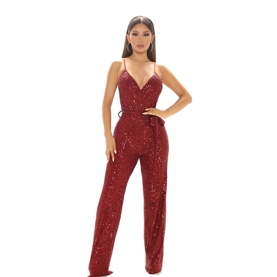 retro solid color polyester full length sequins jumpsuits