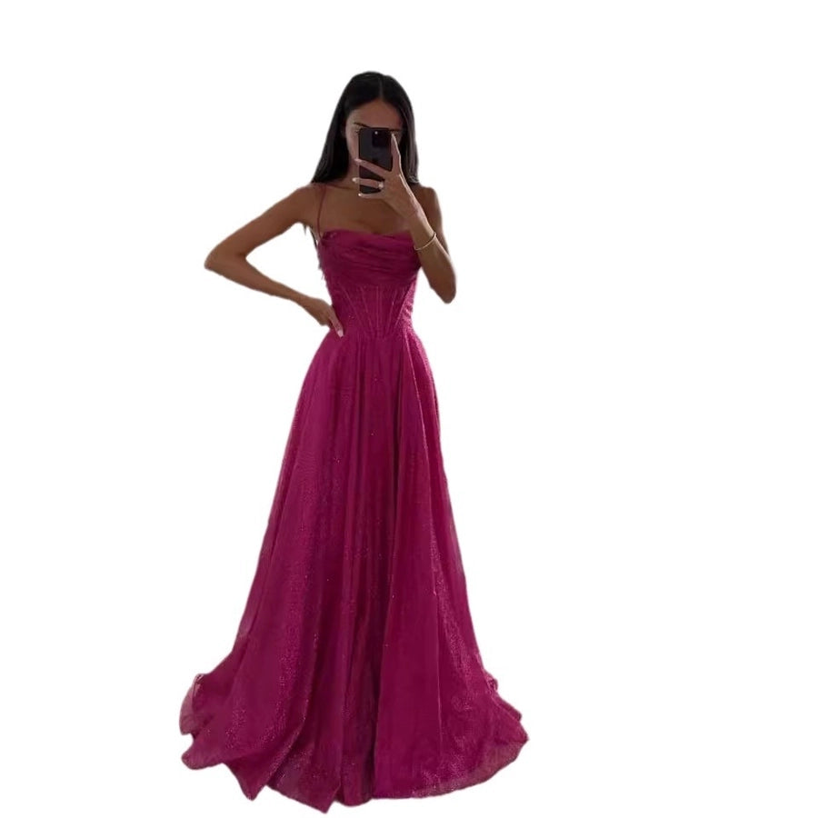 Elegant Sexy Strap Zipper Sleeveless Glittery Solid Color Maxi Long Dress