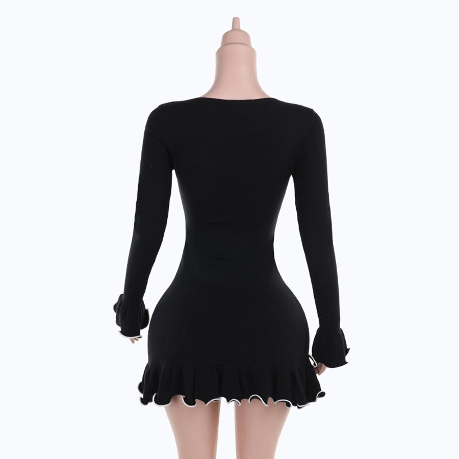 Women's Black Dress Elegant Round Neck Lettuce Trim Long Sleeve Color Block Solid Color Short Mini Dress Holiday