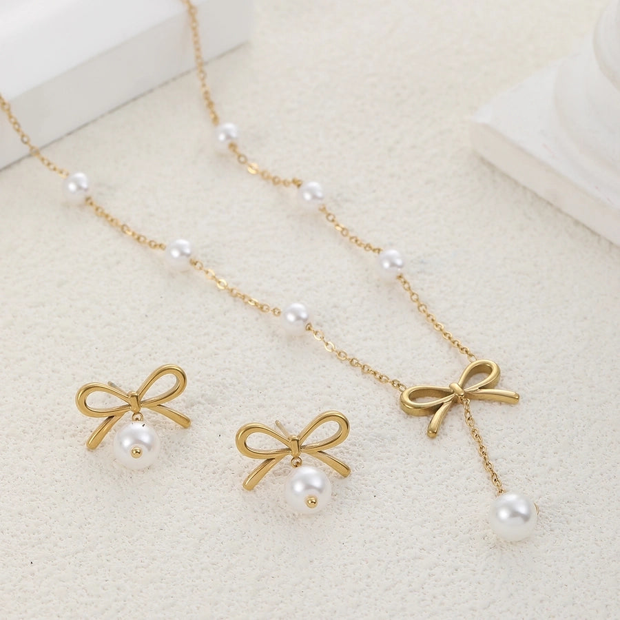 Classic Style Bow Knot Stainless Steel Pearls 18K Gold Plated Jewelry Set