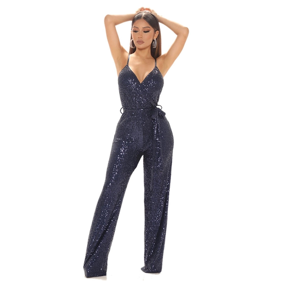 retro solid color polyester full length sequins jumpsuits