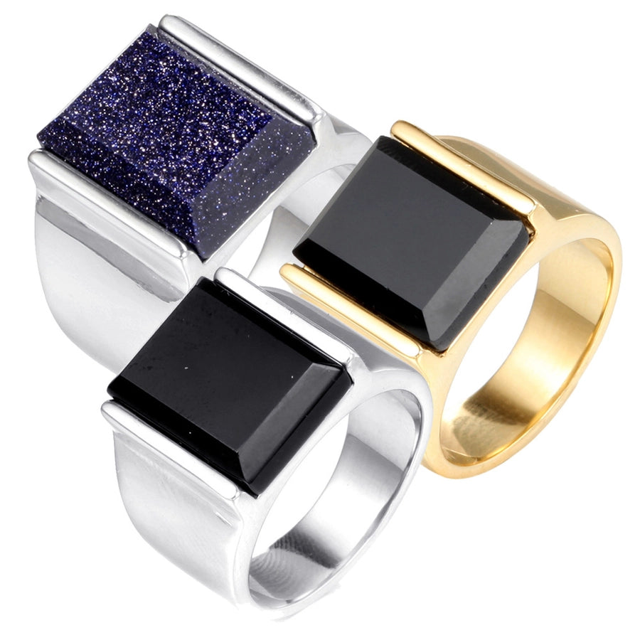 Punk Square Titanium Steel Inlay Gem 18K Gold Plated Men'S Wide Band Ring