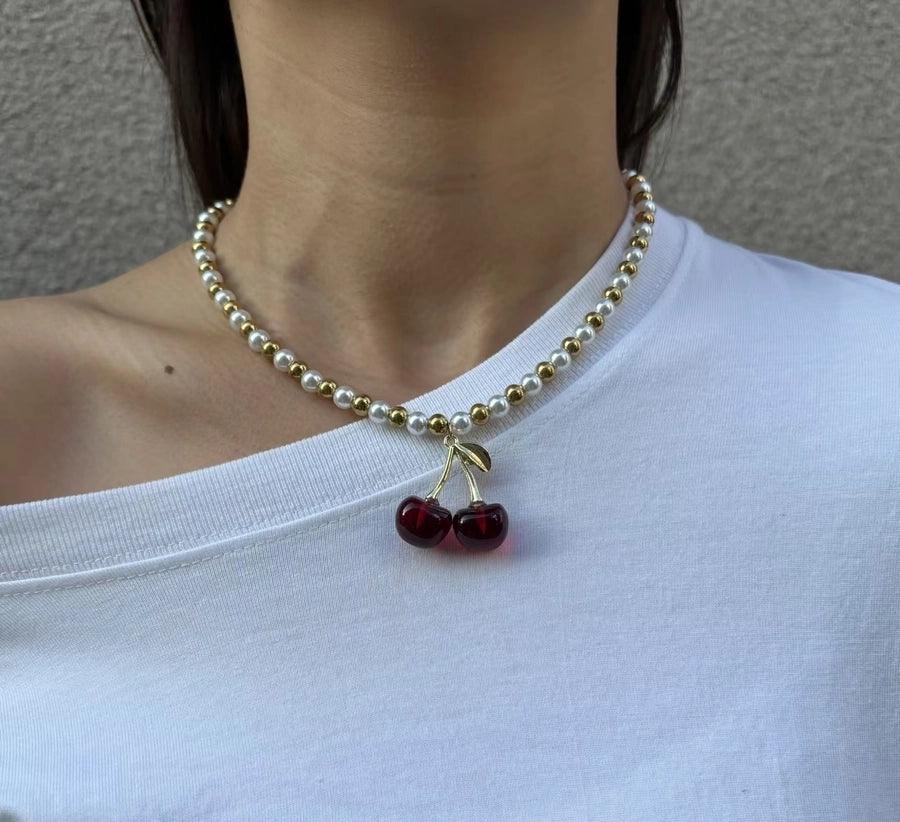 Cherry Solid Color 18K Gold Plated Imitation Pearl Beaded Necklaces