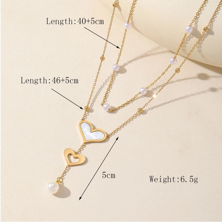 Cute Romantic Sweet Double Heart  Imitation Pearl Double Layer Necklaces Pendant Necklace