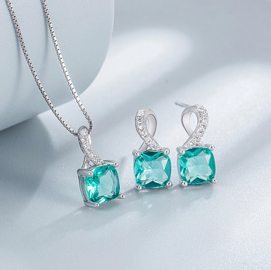 Fine Jewelry Square Gemstone Necklace Emerald Stud Earrings Diamond-Embedded